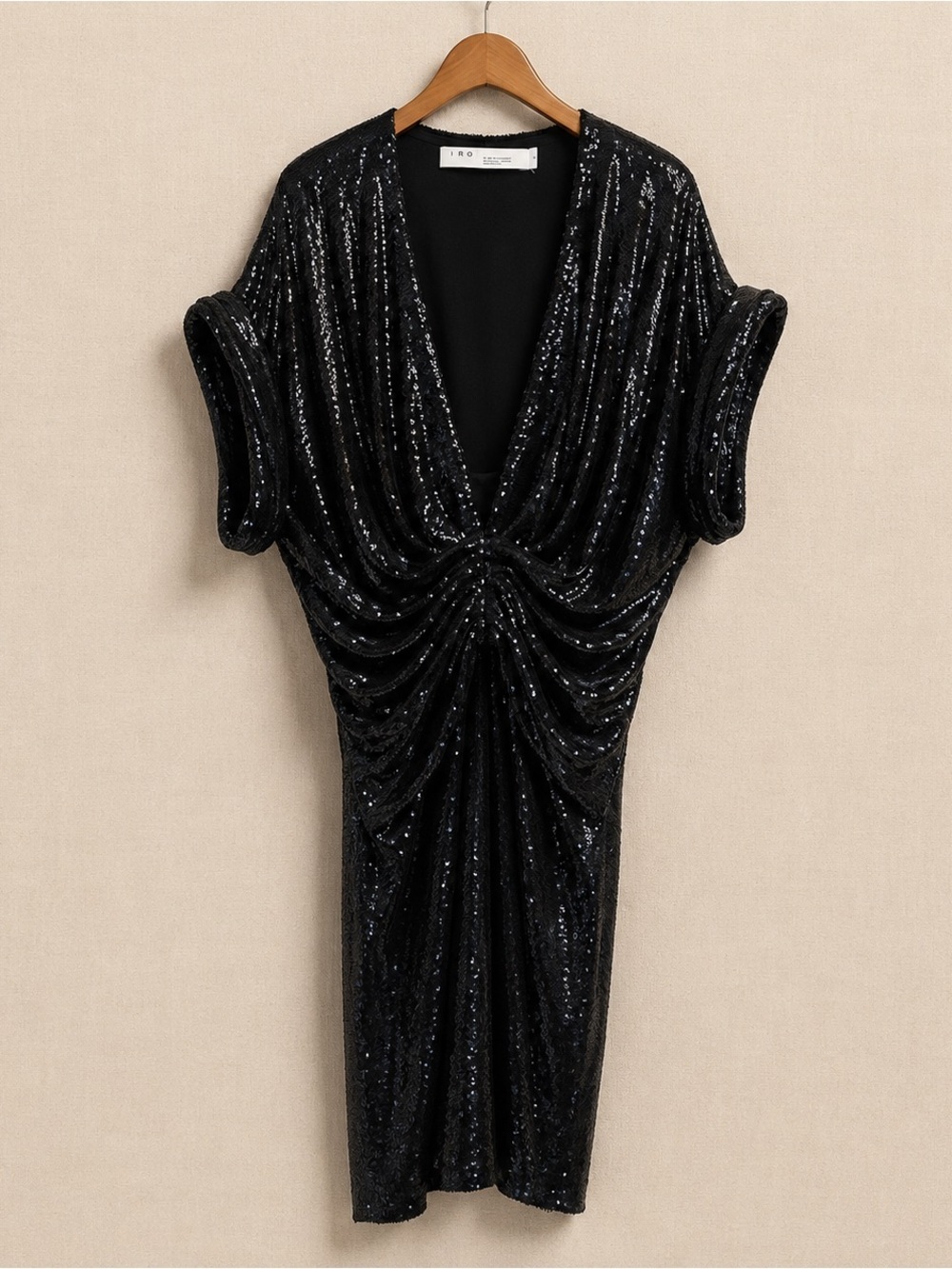 IRO Lilou Sequin Ruched Mini Dress Black Paris WP33LILOU 19W Size 36